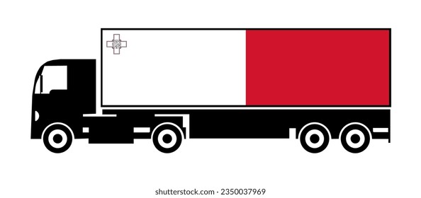 Symbol of National Delivery Truck with Flag of Malta, National Trucking Icon and Malta flag, international humanitarian aid, isolated on white background, side view