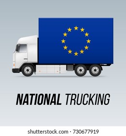 Symbol of National Delivery Truck with Flag of European Union. National Trucking Icon and EU flag