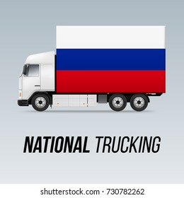 Symbol of National Delivery Truck with Flag of Russian Federation. National Trucking Icon and Russian flag