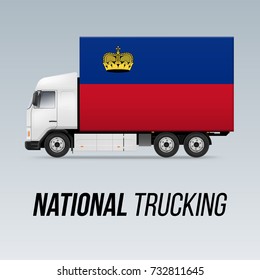 Symbol of National Delivery Truck with Flag of Liechtenstein. National Trucking Icon and flag colors