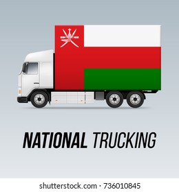 Symbol of National Delivery Truck with Flag of Oman. National Trucking Icon and Omani flag