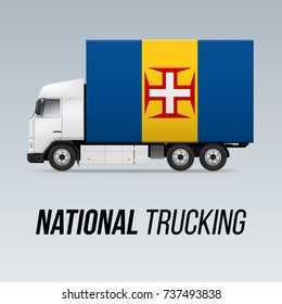 Symbol of National Delivery Truck with Flag of Madeira. National Trucking Icon and flag colors