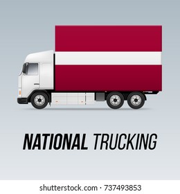Symbol of National Delivery Truck with Flag of Latvia. National Trucking Icon and Latvian flag