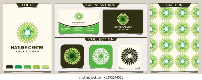 centro natural de símbolos con circular hoja, logotipo, diseño de patrones y diseño de tarjetas de visita.