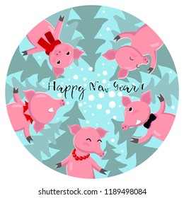 Symbol of new 2019, five pigs have fun and congratulate merry Christmas and happy new year. Cute animals. Merry Christmas and Happy New Year card. Design for banner or poster. Vector illustration conc