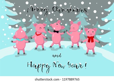 Symbol of new 2019, five pigs have fun and congratulate merry Christmas and happy new year