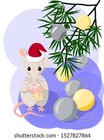 A symbol of the new 2020 year, a rat holds a piece of cheese. Against the background of a fir branch and Christmas balls