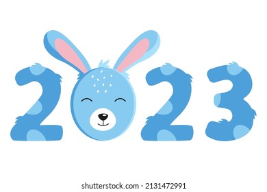 Symbol of the new 2023. Blue rabbit and numbers. Vector illustration