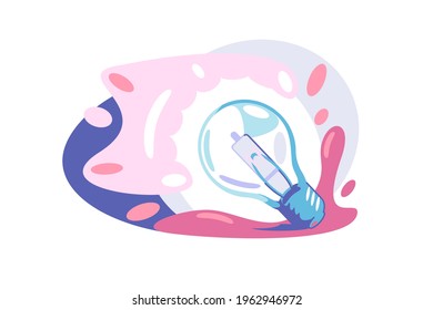 Symbol of new idea vector illustration. Light bulb surrounded by paint flat style. Idea vivid imagination and creative thinking concept. Isolated on white background