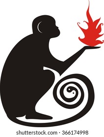The symbol of New Lunar Year 2016, Monkey holding fire with the spiral tail ending with yin and yang and a crescent moon ear.