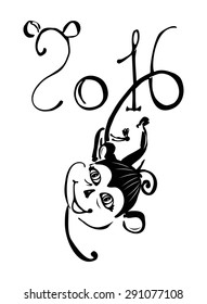 The symbol of the new year 2016 a monkey hanging on the figures painted on  white background