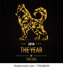 Symbol of New Year 2018. Cute dog with shiny glitter texture. Hand drawn lettering New year. Winter holidays. Vector illustration EPS10.