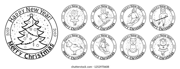 The symbol of the New Year 2019 is a pig engaged in winter sports. Post stamps. Skater, snowboarder, skier, cheesecake, skater, hockey player. Set of icons. On a white background. Isolated Vector