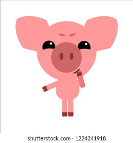 Symbol of the New Year 2019. Piggy thinks. Cute cartoon character. White background. Flat design. Vector illustration.