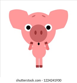 Symbol of the New Year 2019. Piggy gets scared. Cute cartoon character. White background. Flat design. Vector illustration.