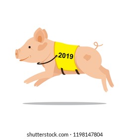 Symbol of the New Year 2019. Pink pig with the number runs.