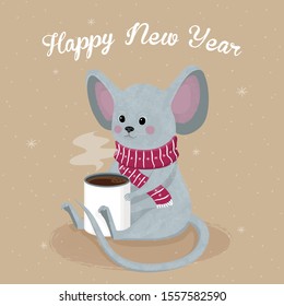 Symbol of New Year 2020. Illustration of a mouse in the Christmas clothes. Vector mouse with cup of coffee