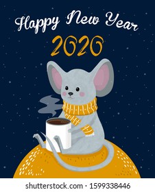 Symbol of New Year 2020. Illustration of a mouse in the Christmas clothes. Vector mouse with cup of coffee
