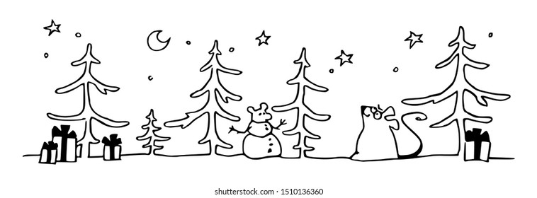 Symbol of the New Year 2020 rat. The mouse celebrates the New Year in the forest under the Christmas trees with gifts.  Hand drawn cartoon vector illustration on white background for greetings, flyers