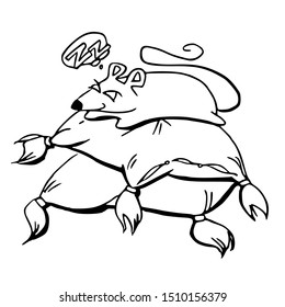 The symbol of the New Year 2020 is a rat. The mouse sleeps on soft pillows. Hand drawn New Years greetings. Cartoon vector illustration isolated on white background.