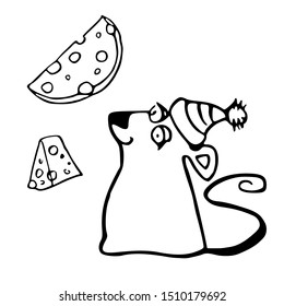 The symbol of the New Year 2020 is a rat. A happy mouse in a winter hat looks at the cheese. Hand drawn New Years greetings. Cartoon vector illustration isolated on white background.