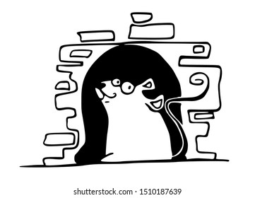 The symbol of the New Year 2020 is a rat. A happy mouse at  your mink. Funny mouse by the fireplace. Hand drawn New Years greetings. Cartoon vector illustration isolated on white background.