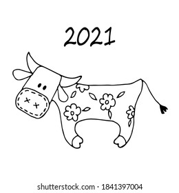 Symbol of the new year 2021. Bull. Doodle drawing. Vector black and white illustration.