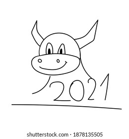 Symbol of the new year 2021. Bull. Doodle drawing. Vector black and white illustration.