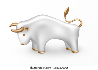 Symbol of the New Year 2021 - sign of the White Metal Bull on Chinese lunar calendar. Isolated white bull with gold parts. 3d icon and logo. Realistic glass porcelain figurine of cow or ox. Vector