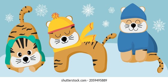 The symbol of the new year 2022, the Chinese Tiger. Vector illustration of a cartoon tiger. A small predatory animal for design. Flat style. Isolated design on a white background.