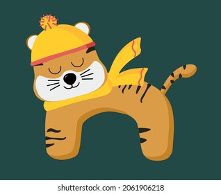 The symbol of the new year 2022, the Chinese Tiger. Vector illustration of a cartoon tiger. A small predatory animal for design. Flat style. Isolated design on a white background.