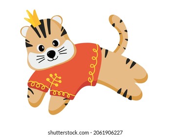 The symbol of the new year 2022, the Chinese Tiger. Vector illustration of a cartoon tiger. A small predatory animal for design. Flat style. Isolated design on a white background.