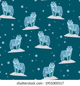 Symbol of the New Year 2022, the year of the Tiger in China and East Asia, background for printing, fabrics, covers. The year of the water blue tiger. Vector seamless pattern