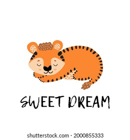 El símbolo del nuevo año 2022 es un tigre. Dulces sueños. El tigre está dormido. Registro de las vacaciones infantiles . Un animal salvaje para imprimir en la ropa de los niños. Estilo de garabato plano. Dibujado a mano. 