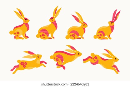 Symbol new year 2023. Chinese zodiac Rabbit symbol. Collection of jumping, running bunnies. Mid Autumn Festival or Chinese Lunar new year. Moon Hare. Easter decor. Colorful flat vector illustrations