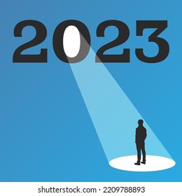Symbol of the new year 2023. Vector illustration of the image of the contour of a person in the rays of light from the numbers 2023. Sketch for creativity.