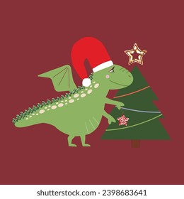 Symbol of New Year 2024. Cute dragon and x-mas tree. Zodiac cartoon character. Funny dragon with x-mas tree. Sequin elements. Cute illustration for the poster, card, print, textile.