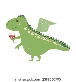 Symbol of New Year 2024. Happy lunar new year greeting card. Zodiac cartoon character. Funny dragon with wine glass. Sequin elements. Cute illustration for the poster, card, print, textile.
