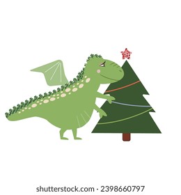 Symbol of New Year 2024. Happy lunar new year greeting card. Zodiac cartoon character. Funny dragon with x-mas tree. Sequin elements. Cute illustration for the poster, card, print, textile.