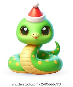 symbol of the new year 2025 - 3D snake with a cute New Year's cap on a white background