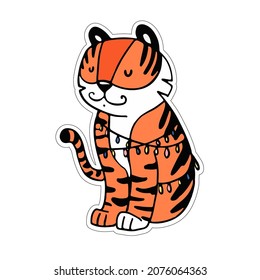 The symbol of the new year. Cartoon tiger with garland