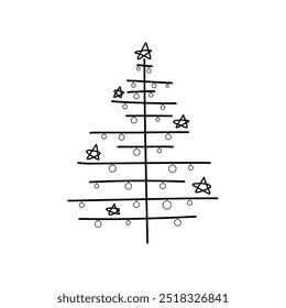 The symbol of the new year is the Christmas tree. Hand-drawn black and white graphic holiday illustration, vector. Decorative abstract element for decoration, greetings, postcard design.