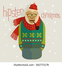 The symbol of the new year monkey hipster style flat design. Banners for use in the design of a festive New Year and Christmas products. Vector.
