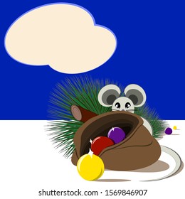 The symbol of the New year is a mouse sitting behind an open bag with scattered Christmas balls, and next to it lies a freshly cut Christmas tree