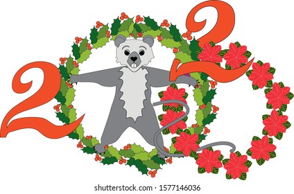 Symbol of the New Year on the Chinese calendar. Mouse among Christmas wreaths.