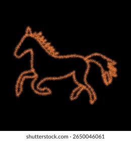 The symbol of the New Year. Running silhouette of a horse made of golden tinsel on a black background. Vector illustration