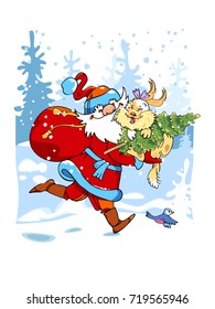 Symbol of the new year. Santa Claus hurries to congratulate on Christmas.