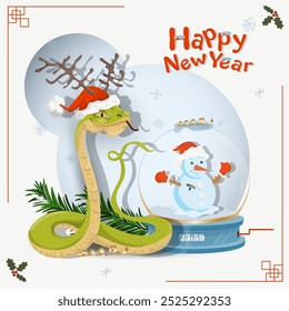 A symbol of the new year, a snake next to a glass balloon with a snowman inside