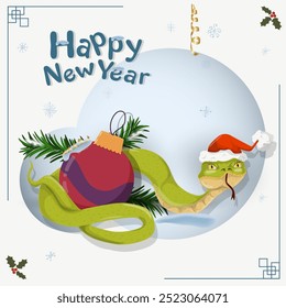 The symbol of the new year is a snake in a Santa Claus hat, wraps rings around a toy for decorating a fir tree