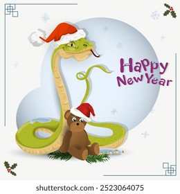 O símbolo do ano novo é uma cobra em um chapéu de Papai Noel, ao lado de um brinquedo de ursinho de pelúcia
